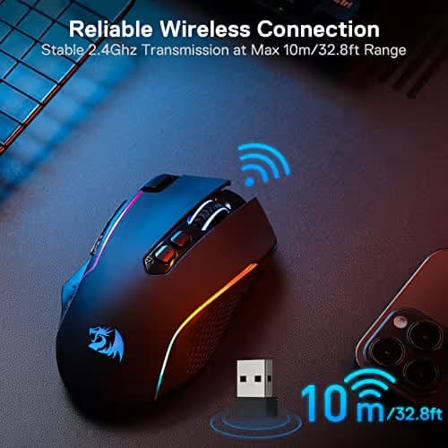 Redragon M810 Pro Wireless Gaming Mouse, 10000 DPI Wired/Wireless Gamer Mouse w/Rapid Fire Key, 8 Macro Buttons, 45-Hour Reliable Power Capacity and RGB Backlit for PC/Mac/Laptop image