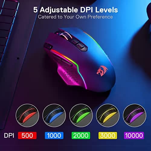 Redragon M810 Pro Wireless Gaming Mouse, 10000 DPI Wired/Wireless Gamer Mouse w/Rapid Fire Key, 8 Macro Buttons, 45-Hour Reliable Power Capacity and RGB Backlit for PC/Mac/Laptop image