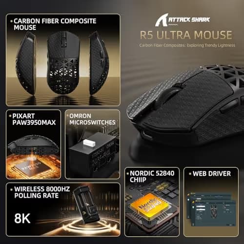 R5Ultra 8K Wireless Gaming Mouse with 42,000 DPI -PAW3950 MAX Sensor -39g Ultra-Lightweight Carbon Fiber -Nordic 52840 MCU Chip-Wired/BT/2.4GHz Wireless Programmable Mouse Griptape for PC/Mac (Black) image