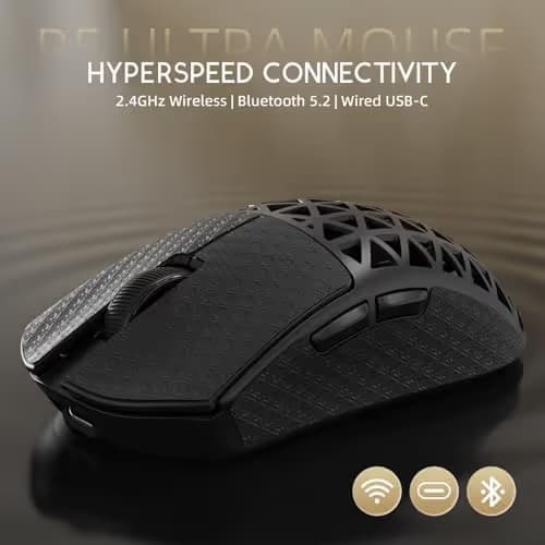 R5Ultra 8K Wireless Gaming Mouse with 42,000 DPI -PAW3950 MAX Sensor -39g Ultra-Lightweight Carbon Fiber -Nordic 52840 MCU Chip-Wired/BT/2.4GHz Wireless Programmable Mouse Griptape for PC/Mac (Black) image