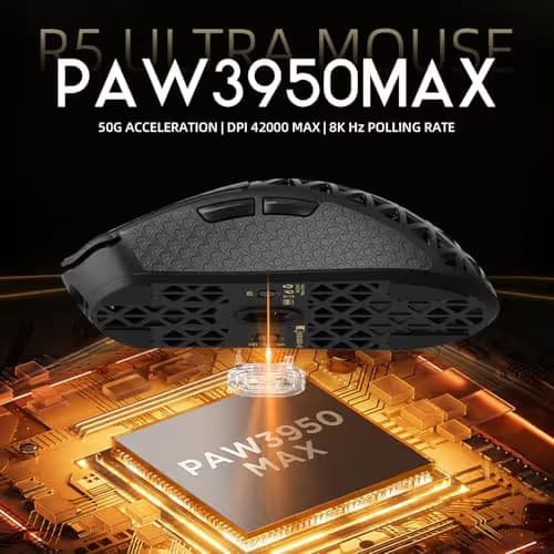 R5Ultra 8K Wireless Gaming Mouse with 42,000 DPI -PAW3950 MAX Sensor -39g Ultra-Lightweight Carbon Fiber -Nordic 52840 MCU Chip-Wired/BT/2.4GHz Wireless Programmable Mouse Griptape for PC/Mac (Black) image