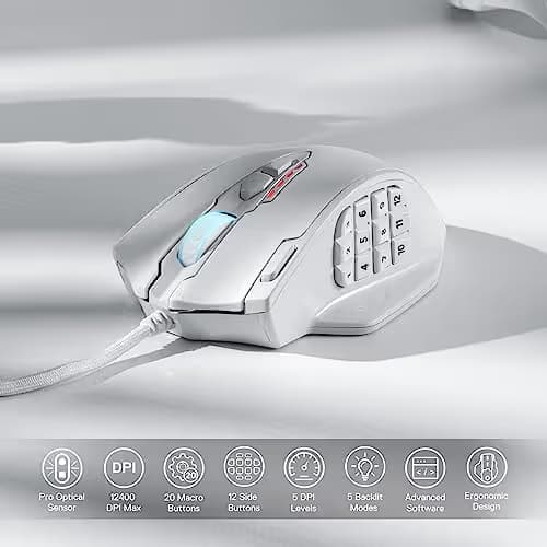 Redragon M908 Impact RGB LED MMO Gaming Mouse with 12 Side Buttons, Optical Wired Ergonomic Mouse with Max 12,400DPI, High Precision, 18 Programmable Macro Shortcuts, Comfort Grip, White image