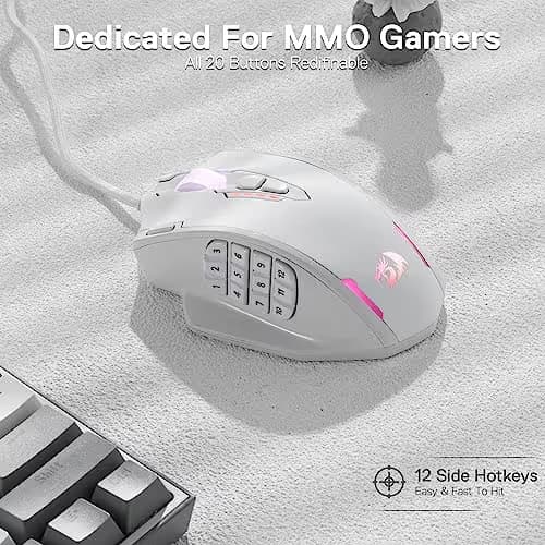 Redragon M908 Impact RGB LED MMO Gaming Mouse with 12 Side Buttons, Optical Wired Ergonomic Mouse with Max 12,400DPI, High Precision, 18 Programmable Macro Shortcuts, Comfort Grip, White image