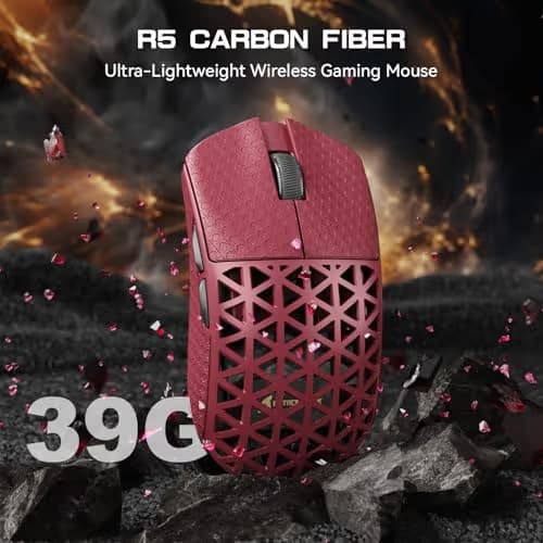 R5Ultra 8K Carbon Fiber Wireless Gaming Mouse with 42000 DPI -PAW3950 MAX Sensor -39g Ultra-Lightweight-Nordic 52840 MCU Chip-Wired/BT/2.4GHz Wirelss Programmable Mouse Tape for PC/Mac (Red) image