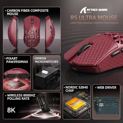 R5Ultra 8K Carbon Fiber Wireless Gaming Mouse with 42000 DPI -PAW3950 MAX Sensor -39g Ultra-Lightweight-Nordic 52840 MCU Chip-Wired/BT/2.4GHz Wirelss Programmable Mouse Tape for PC/Mac (Red) image