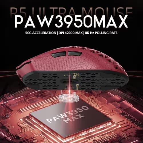 R5Ultra 8K Carbon Fiber Wireless Gaming Mouse with 42000 DPI -PAW3950 MAX Sensor -39g Ultra-Lightweight-Nordic 52840 MCU Chip-Wired/BT/2.4GHz Wirelss Programmable Mouse Tape for PC/Mac (Red) image