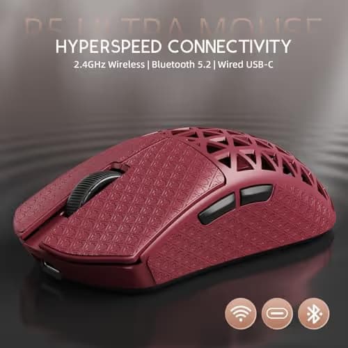R5Ultra 8K Carbon Fiber Wireless Gaming Mouse with 42000 DPI -PAW3950 MAX Sensor -39g Ultra-Lightweight-Nordic 52840 MCU Chip-Wired/BT/2.4GHz Wirelss Programmable Mouse Tape for PC/Mac (Red) image