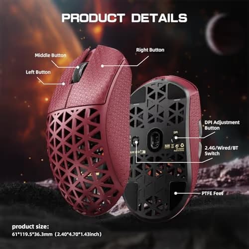 R5Ultra 8K Carbon Fiber Wireless Gaming Mouse with 42000 DPI -PAW3950 MAX Sensor -39g Ultra-Lightweight-Nordic 52840 MCU Chip-Wired/BT/2.4GHz Wirelss Programmable Mouse Tape for PC/Mac (Red) image