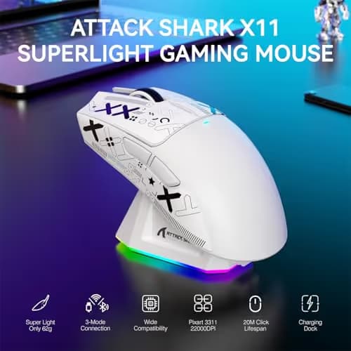 ATTACK SHARK X11 Lightweight Wireless Gaming Mouse with RGB Charging Dock,Tri-Mode-2.4G/USB-C Wired/BT,22K DPI,PAW3311 Optical Sensor,HUYU Switch, 5 programmable Buttons for PC/Mac(White&Sticker) image