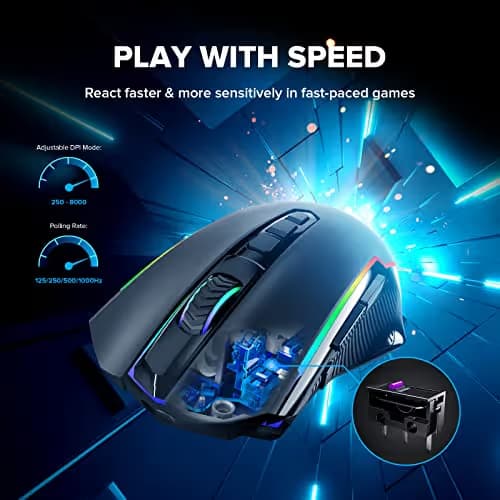 Redragon Gaming Mouse, Wireless Mouse Gaming with 8000 DPI, PC Gaming Mice with Fire Button, RGB Backlit Programmable Ergonomic Mouse Gamer, Rechargeable, 70Hrs for Windows, Mac Gamer, Black image