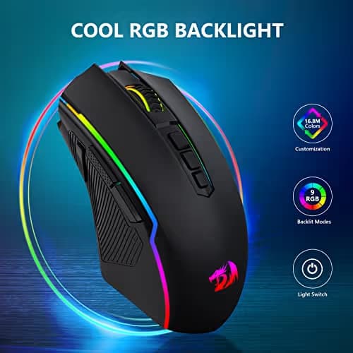 Redragon Gaming Mouse, Wireless Mouse Gaming with 8000 DPI, PC Gaming Mice with Fire Button, RGB Backlit Programmable Ergonomic Mouse Gamer, Rechargeable, 70Hrs for Windows, Mac Gamer, Black image