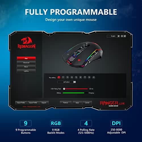 Redragon Gaming Mouse, Wireless Mouse Gaming with 8000 DPI, PC Gaming Mice with Fire Button, RGB Backlit Programmable Ergonomic Mouse Gamer, Rechargeable, 70Hrs for Windows, Mac Gamer, Black image
