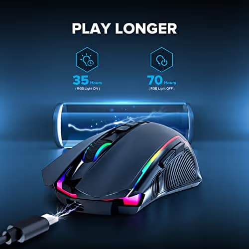 Redragon Gaming Mouse, Wireless Mouse Gaming with 8000 DPI, PC Gaming Mice with Fire Button, RGB Backlit Programmable Ergonomic Mouse Gamer, Rechargeable, 70Hrs for Windows, Mac Gamer, Black image