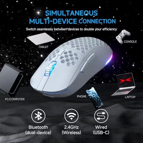 TMKB Falcon M1 Wireless Gaming Mouse, 24000DPI Optical Sensor, 180Hrs Battery, Lightweight, 6 Programmable Buttons, RGB Strip, 2.4G/BT5.2/USB-C Wired for PC/Mac/Laptop - Matte White image