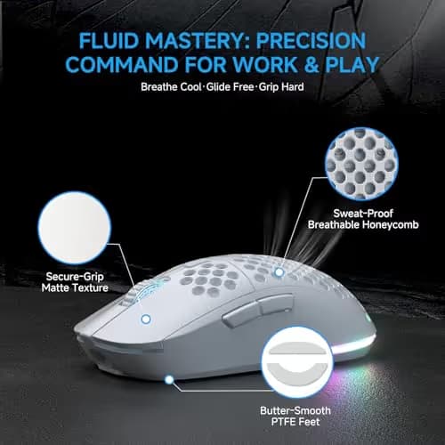 TMKB Falcon M1 Wireless Gaming Mouse, 24000DPI Optical Sensor, 180Hrs Battery, Lightweight, 6 Programmable Buttons, RGB Strip, 2.4G/BT5.2/USB-C Wired for PC/Mac/Laptop - Matte White image