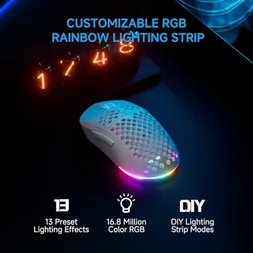 TMKB Falcon M1 Wireless Gaming Mouse, 24000DPI Optical Sensor, 180Hrs Battery, Lightweight, 6 Programmable Buttons, RGB Strip, 2.4G/BT5.2/USB-C Wired for PC/Mac/Laptop - Matte White image