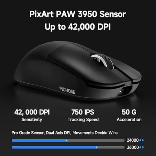 MCHOSE L7 Ultra+ Wireless Gaming Mouse, Lightweight 48g, Ergonomic Mouse with 42K DPI, PAW3950, Optical Switch, 20000 FPS, Dual 8K Polling and 7 Programmable Buttons, 3-Mode Connect, PC/Mac - Black image