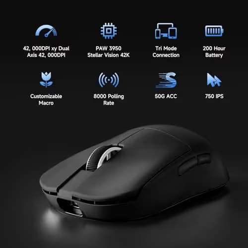 MCHOSE L7 Ultra+ Wireless Gaming Mouse, Lightweight 48g, Ergonomic Mouse with 42K DPI, PAW3950, Optical Switch, 20000 FPS, Dual 8K Polling and 7 Programmable Buttons, 3-Mode Connect, PC/Mac - Black image