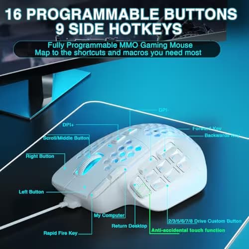SOLAKAKA SM809 Gaming Mouse for MMO,24000 DPI,16 Programmable,RGB PC Gaming Mice,White image