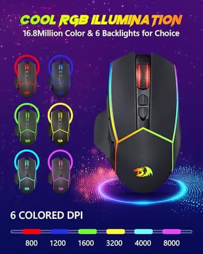 Redragon Wireless Gaming Mouse, Tri-Mode 2.4G/Bluetooth/USB-C, 7 Programmable Buttons, Tactile Rapid Fire Key, 8000 DPI RGB Ergonomic Mouse for PC Windows Gaming & Work, M814 image