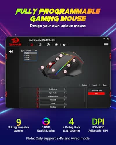 Redragon Wireless Gaming Mouse, Tri-Mode 2.4G/Bluetooth/USB-C, 7 Programmable Buttons, Tactile Rapid Fire Key, 8000 DPI RGB Ergonomic Mouse for PC Windows Gaming & Work, M814 image