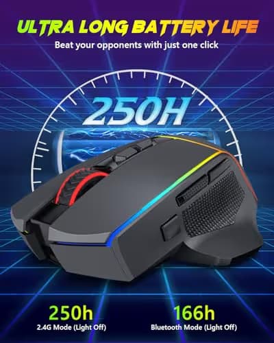 Redragon Wireless Gaming Mouse, Tri-Mode 2.4G/Bluetooth/USB-C, 7 Programmable Buttons, Tactile Rapid Fire Key, 8000 DPI RGB Ergonomic Mouse for PC Windows Gaming & Work, M814 image