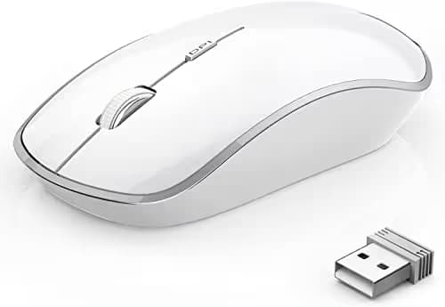 Wireless Mouse for Laptop, J JOYACCESS Silent Stream line Optical Cordless Mouse with USB Nano Receiver and High Precision 2400 DPI-Silver+White main image