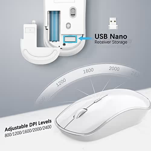 Wireless Mouse for Laptop, J JOYACCESS Silent Stream line Optical Cordless Mouse with USB Nano Receiver and High Precision 2400 DPI-Silver+White image