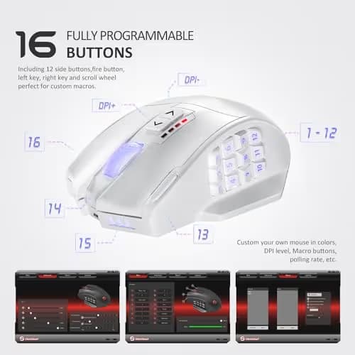 UtechSmart Venus Pro Wireless MMO Gaming Mouse, 16,000 DPI Optical Sensor, 2.4 GHz Transmission Technology, Ergonomic Design, 16M Chroma RGB Lighting, 16 Programmable Buttons, Up to 70H image