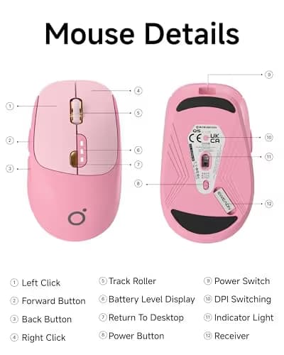 EWEADN Q5 Wireless Mouse, Bluetooth & 2.4G Quiet Computer Mouses with Battery Level Display, 1600 DPI, Ergonomic Office Mouse, 6 Button Portable Cute Computer Mouse for Laptop/PC/Mac - Rose Pink image