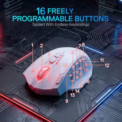 Redragon M913 MAX Wireless Gaming Mouse, 26000 DPI MMO Optical Mouse with 16 Programmable Buttons, BT & 2.4G Wireless, Software Supports DIY Keybinds, White image