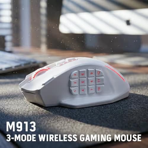 Redragon M913 MAX Wireless Gaming Mouse, 26000 DPI MMO Optical Mouse with 16 Programmable Buttons, BT & 2.4G Wireless, Software Supports DIY Keybinds, White image