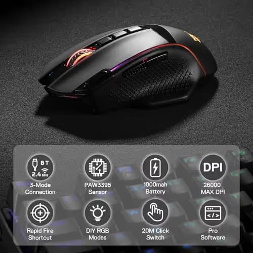 Redragon M991 Wireless Gaming Mouse, 26000 DPI 3-Mode Gamer Mice w/Rapid Fire Key, 9 Macro Buttons, Powerful Capacity and RGB Backlight for PC/Mac/Laptop, Black image