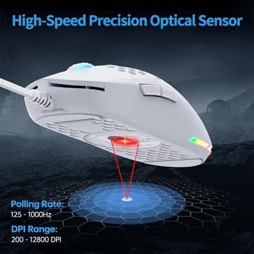 TMKB Falcon M1SE Ultralight Honeycomb Gaming Mouse, High-Precision 12800DPI Optical Sensor, 6 Programmable Buttons, Customizable RGB, Drag-Free Paracord, Ergonomic, Wired - Matte White image