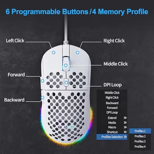 TMKB Falcon M1SE Ultralight Honeycomb Gaming Mouse, High-Precision 12800DPI Optical Sensor, 6 Programmable Buttons, Customizable RGB, Drag-Free Paracord, Ergonomic, Wired - Matte White image