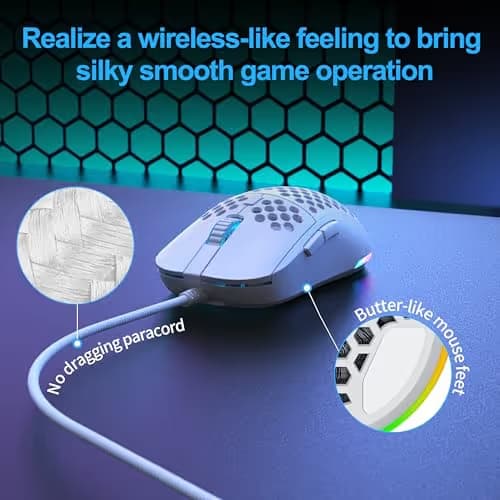 TMKB Falcon M1SE Ultralight Honeycomb Gaming Mouse, High-Precision 12800DPI Optical Sensor, 6 Programmable Buttons, Customizable RGB, Drag-Free Paracord, Ergonomic, Wired - Matte White image