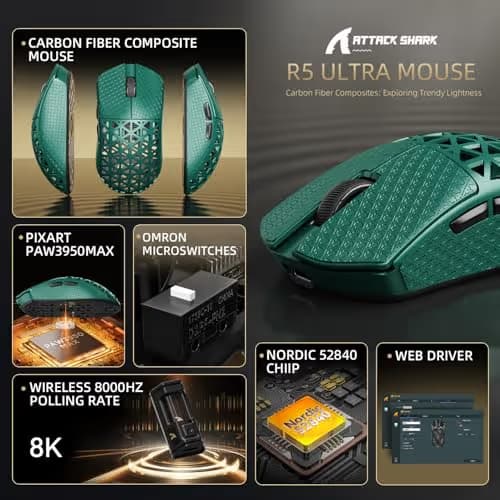 R5Ultra 8K Carbon Fiber Wireless Gaming Mouse with 42000 DPI -PAW3950 MAX Sensor -39g Ultra-Lightweight-Nordic 52840 MCU Chip-Wired/BT/2.4GHz Wirelss Programmable Mouse Tape for PC/Mac (Green) image