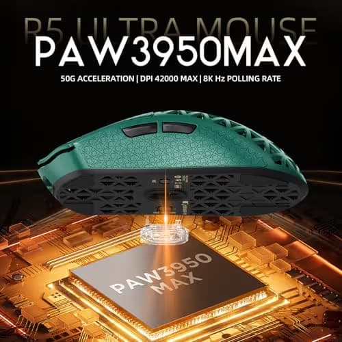 R5Ultra 8K Carbon Fiber Wireless Gaming Mouse with 42000 DPI -PAW3950 MAX Sensor -39g Ultra-Lightweight-Nordic 52840 MCU Chip-Wired/BT/2.4GHz Wirelss Programmable Mouse Tape for PC/Mac (Green) image