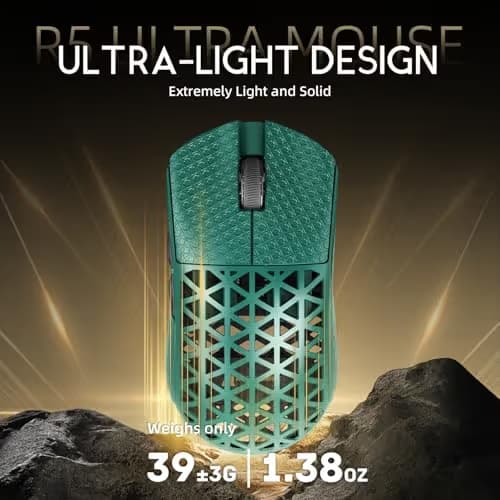 R5Ultra 8K Carbon Fiber Wireless Gaming Mouse with 42000 DPI -PAW3950 MAX Sensor -39g Ultra-Lightweight-Nordic 52840 MCU Chip-Wired/BT/2.4GHz Wirelss Programmable Mouse Tape for PC/Mac (Green) image