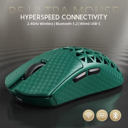 R5Ultra 8K Carbon Fiber Wireless Gaming Mouse with 42000 DPI -PAW3950 MAX Sensor -39g Ultra-Lightweight-Nordic 52840 MCU Chip-Wired/BT/2.4GHz Wirelss Programmable Mouse Tape for PC/Mac (Green) image