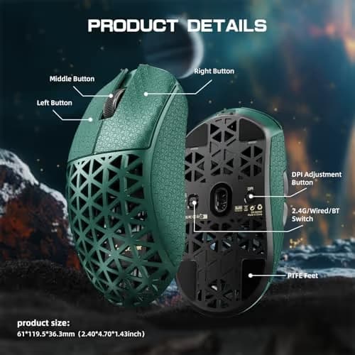 R5Ultra 8K Carbon Fiber Wireless Gaming Mouse with 42000 DPI -PAW3950 MAX Sensor -39g Ultra-Lightweight-Nordic 52840 MCU Chip-Wired/BT/2.4GHz Wirelss Programmable Mouse Tape for PC/Mac (Green) image