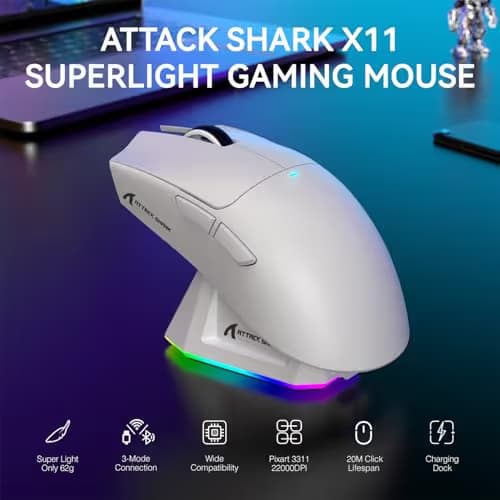 ATTACK SHARK X11 Lightweight Wireless Gaming Mouse with RGB Charging Dock,Tri-Mode-2.4G/USB-C Wired/BT,22K DPI,PAW3311 Optical Sensor,HUYU Switch, 5 programmable Buttons for PC/Mac(White) image