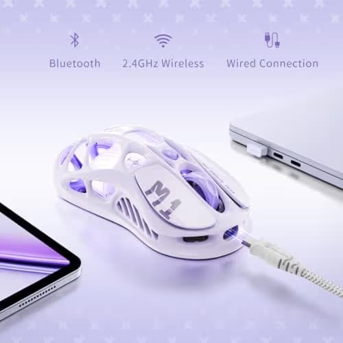 GravaStar Mercury M1 Pro Gaming Mouse, Lightweight Magnesium Alloy, 26,000 DPI, PAW3395DM Sensor, 5 Programmable Buttons, Support Wired/2.4GHz/BT, Up to 200 Hours Battery Life (Lavender Purple) image