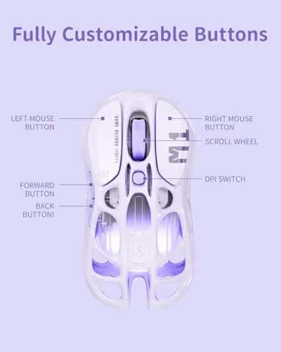 GravaStar Mercury M1 Pro Gaming Mouse, Lightweight Magnesium Alloy, 26,000 DPI, PAW3395DM Sensor, 5 Programmable Buttons, Support Wired/2.4GHz/BT, Up to 200 Hours Battery Life (Lavender Purple) image