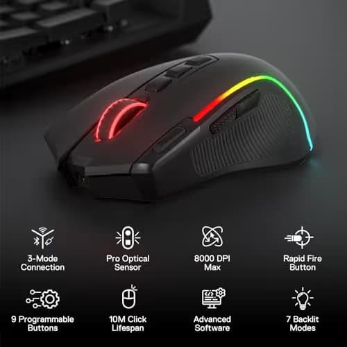 Redragon M612 PRO RGB Gaming Mouse, 8000 DPI Wired/Wireless Optical Mouse with 9 Programmable Buttons & 7 Backlit Modes, BT & 2.4G Wireless, Software Supports DIY Keybinds Rapid Fire Button image
