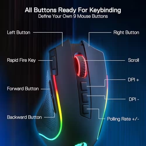 Redragon M612 PRO RGB Gaming Mouse, 8000 DPI Wired/Wireless Optical Mouse with 9 Programmable Buttons & 7 Backlit Modes, BT & 2.4G Wireless, Software Supports DIY Keybinds Rapid Fire Button image