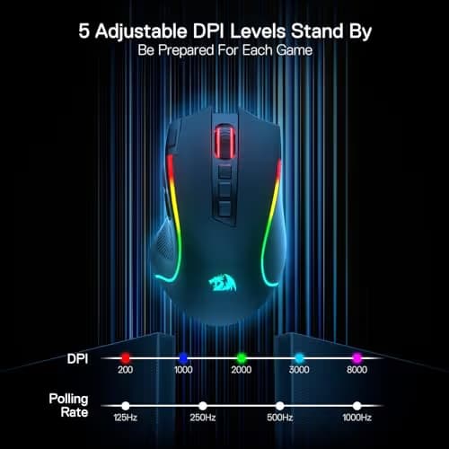 Redragon M612 PRO RGB Gaming Mouse, 8000 DPI Wired/Wireless Optical Mouse with 9 Programmable Buttons & 7 Backlit Modes, BT & 2.4G Wireless, Software Supports DIY Keybinds Rapid Fire Button image