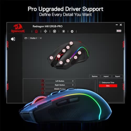 Redragon M612 PRO RGB Gaming Mouse, 8000 DPI Wired/Wireless Optical Mouse with 9 Programmable Buttons & 7 Backlit Modes, BT & 2.4G Wireless, Software Supports DIY Keybinds Rapid Fire Button image