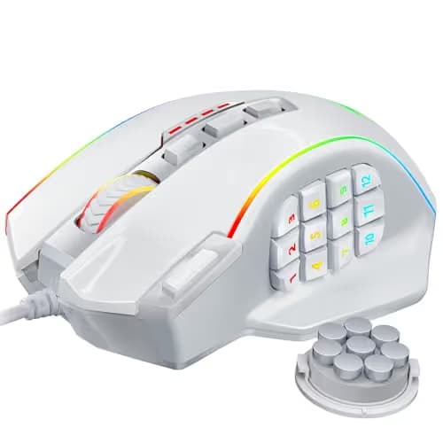 Redragon Gaming Mouse, MMO Gaming Mouse UP 12400 DPI, 19 Macro Programmable Buttons, RGB Mouse with 12 Side Buttons, 8 * 2.4g Weight Tuning for PC Laptop MOBA FPS, White image