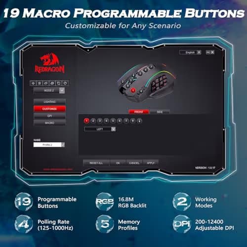 Redragon Gaming Mouse, MMO Gaming Mouse UP 12400 DPI, 19 Macro Programmable Buttons, RGB Mouse with 12 Side Buttons, 8 * 2.4g Weight Tuning for PC Laptop MOBA FPS, White image